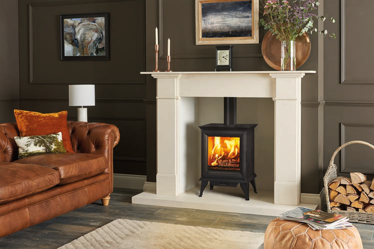 Sheraton 5 Woodburning With Optional Long Legs With Limestone Claremont Mantel